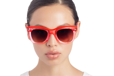 Translucent Sunglasses Orchid Pink & Flame Scarlet Red Model view, Brown gradient lenses
