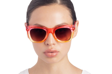 Translucent Sunglasses Orchid Pink & Lemonade Gradient Model view, Brown gradient lenses
