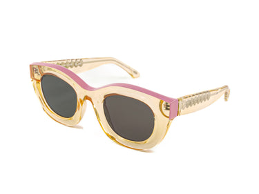 Translucent Sunglasses Ecru & Mauve Mist Pink Three-quarter view, Grey lenses, Silver Seashell wire-core