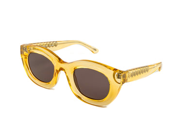 Translucent Sunglasses Beach Ball Yellow Three-quarter view, Brown lenses, Silver Seashell wire-core