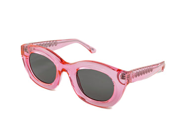 Translucent Sunglasses Orchid Pink Three-quarter view, Grey lenses, Silver Seashell wire-core