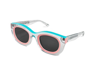 Translucent Sunglasses Crystal, Orchid Pink & Tropical Breeze Blue Three-quarter view, Grey lenses, Silver Seashell wire-core
