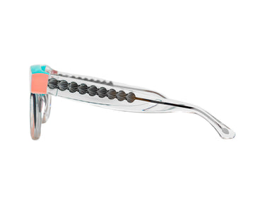 Translucent Sunglasses Crystal, Orchid Pink & Tropical Breeze Blue Three-quarter view, Grey lenses, Silver Seashell wire-core