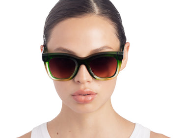 Translucent Sunglasses Courtyard Green & Lime Cream Gradient Model view, Brown gradient lenses