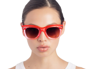 Translucent Sunglasses Orchid Pink & Flame Scarlet Red Model view, Brown gradient lenses