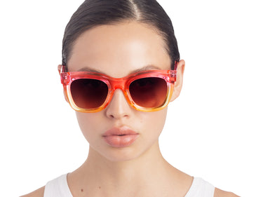 Translucent Sunglasses Orchid Pink & Lemonade Gradient Model view, Brown gradient lenses