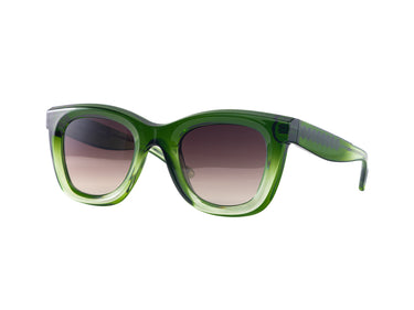 Translucent Sunglasses Courtyard Green & Lime Cream Gradient Three-quarter view, Brown gradient lenses, Silver Seashell wire-core