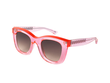 Translucent Sunglasses Orchid Pink & Flame Scarlet Red Three-quarter view, Brown gradient lenses, Silver Seashell wire-core