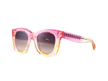 Translucent Sunglasses Orchid Pink & Lemonade Gradient Three-quarter view, Brown gradient lenses, Silver Seashell wire-core