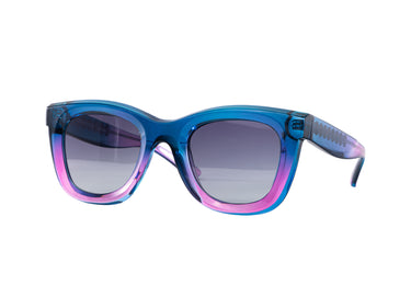 Translucent Sunglasses Sailor Blue & Raspberry Rose Gradient Three-quarter view, Grey gradient lenses, Silver Seashell wire-core